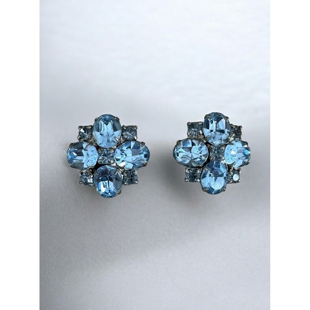 Vintage Cornflower Blue Flower Rhinestone Clip Earrings